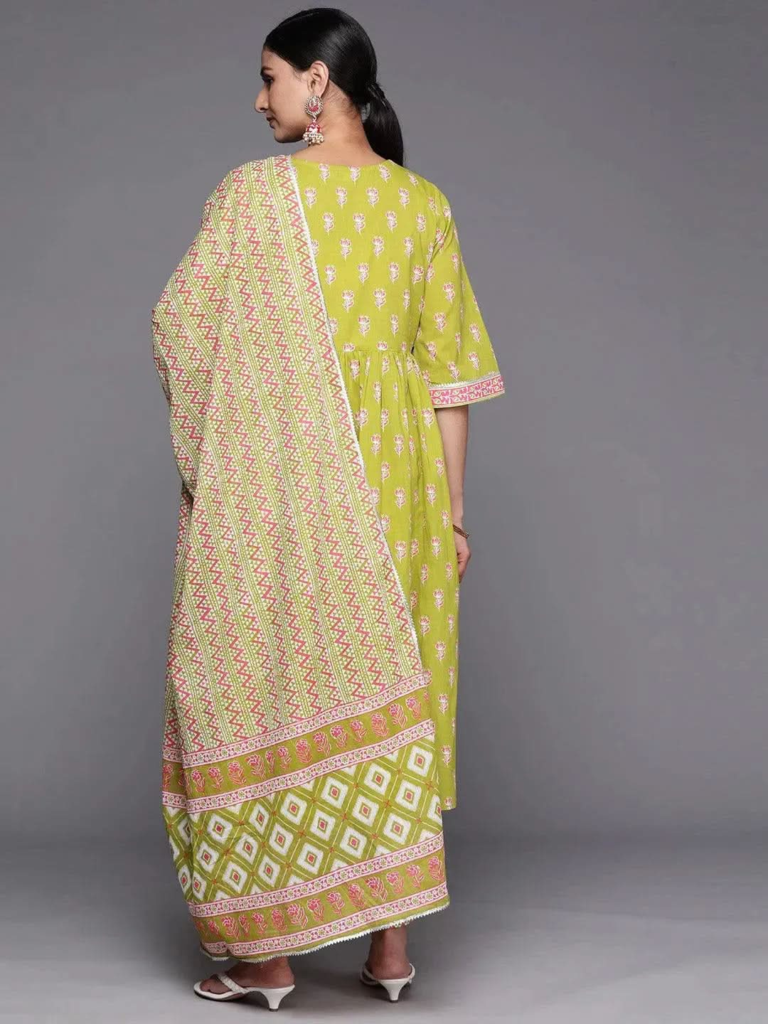 Green Printed Cotton A-Line Suit Set With Trousers - Libas 