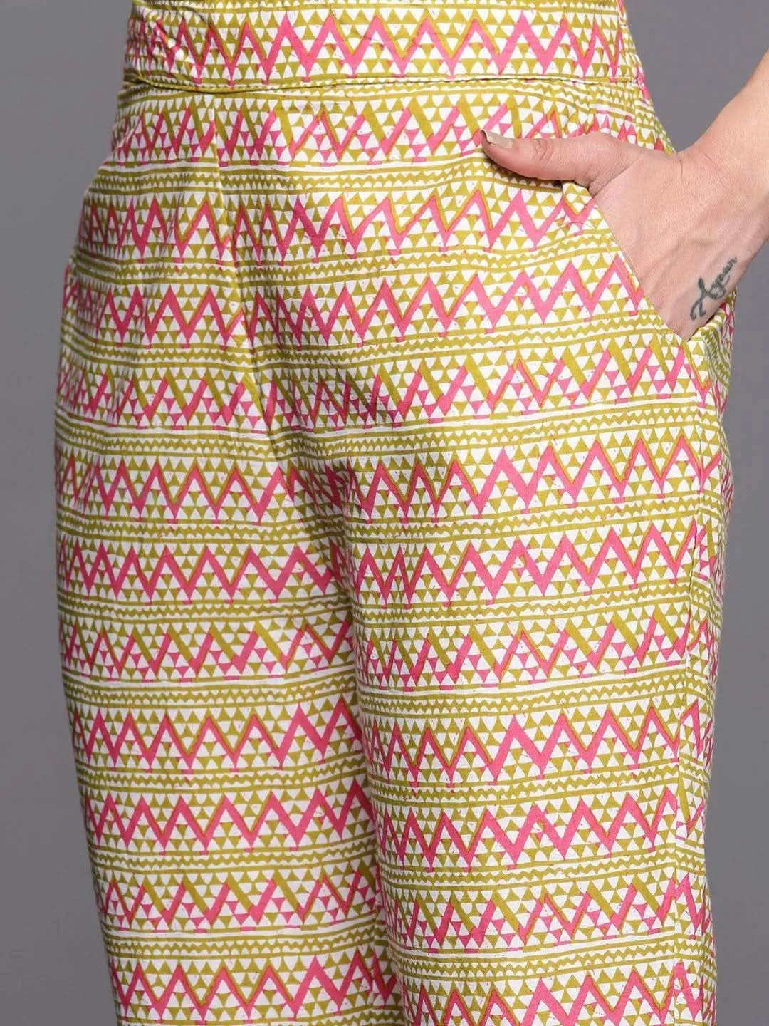 Green Printed Cotton A-Line Suit Set With Trousers - Libas 