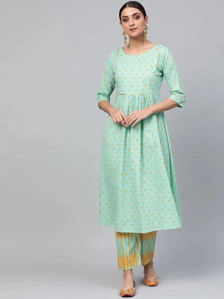 Libas Green Printed Cotton A-Line Kurta With Trousers