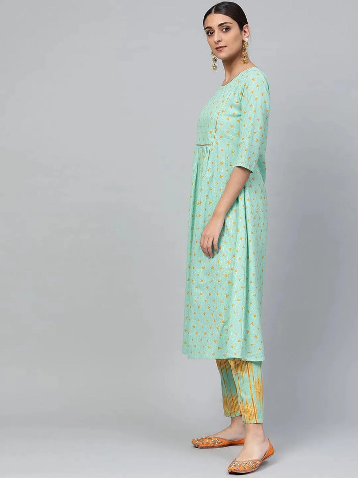 Green Printed Cotton Kurta Set - Libas