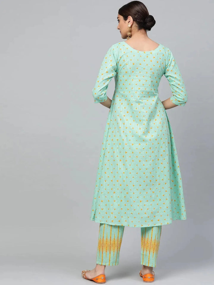 Green Printed Cotton Kurta Set - Libas