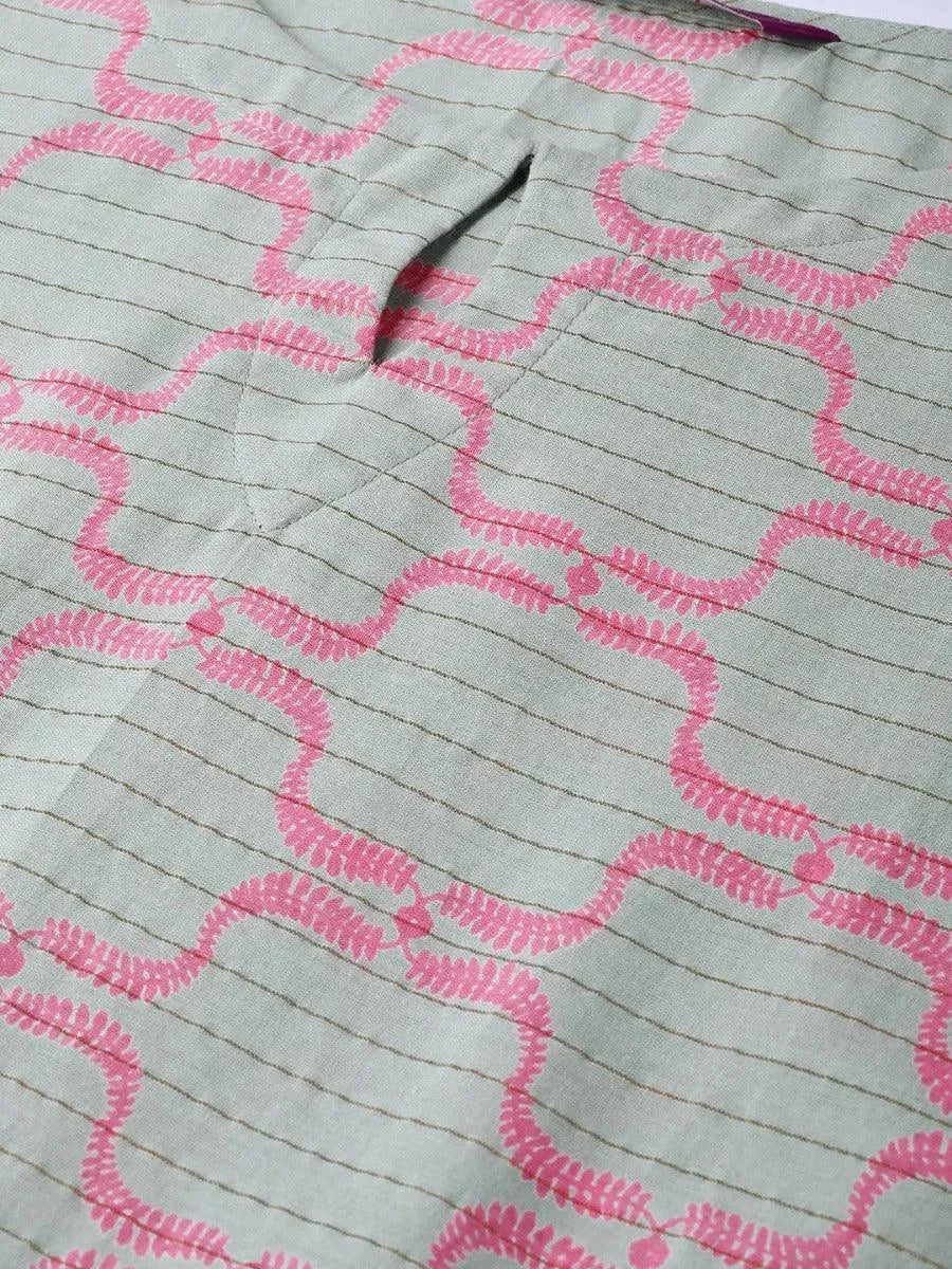 

Green Printed Cotton A-Line Kurta With Trousers