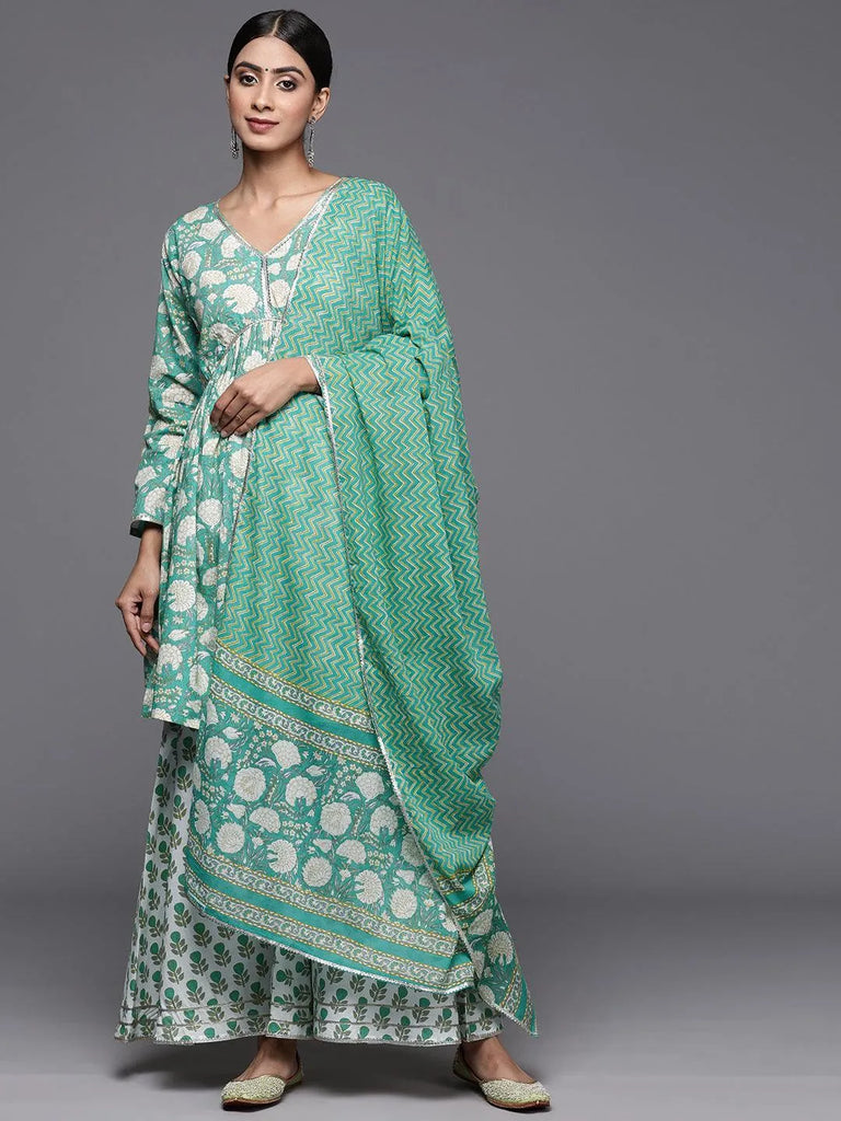Libas Green Printed Cotton A-Line Sharara Suit Set With Dupatta
