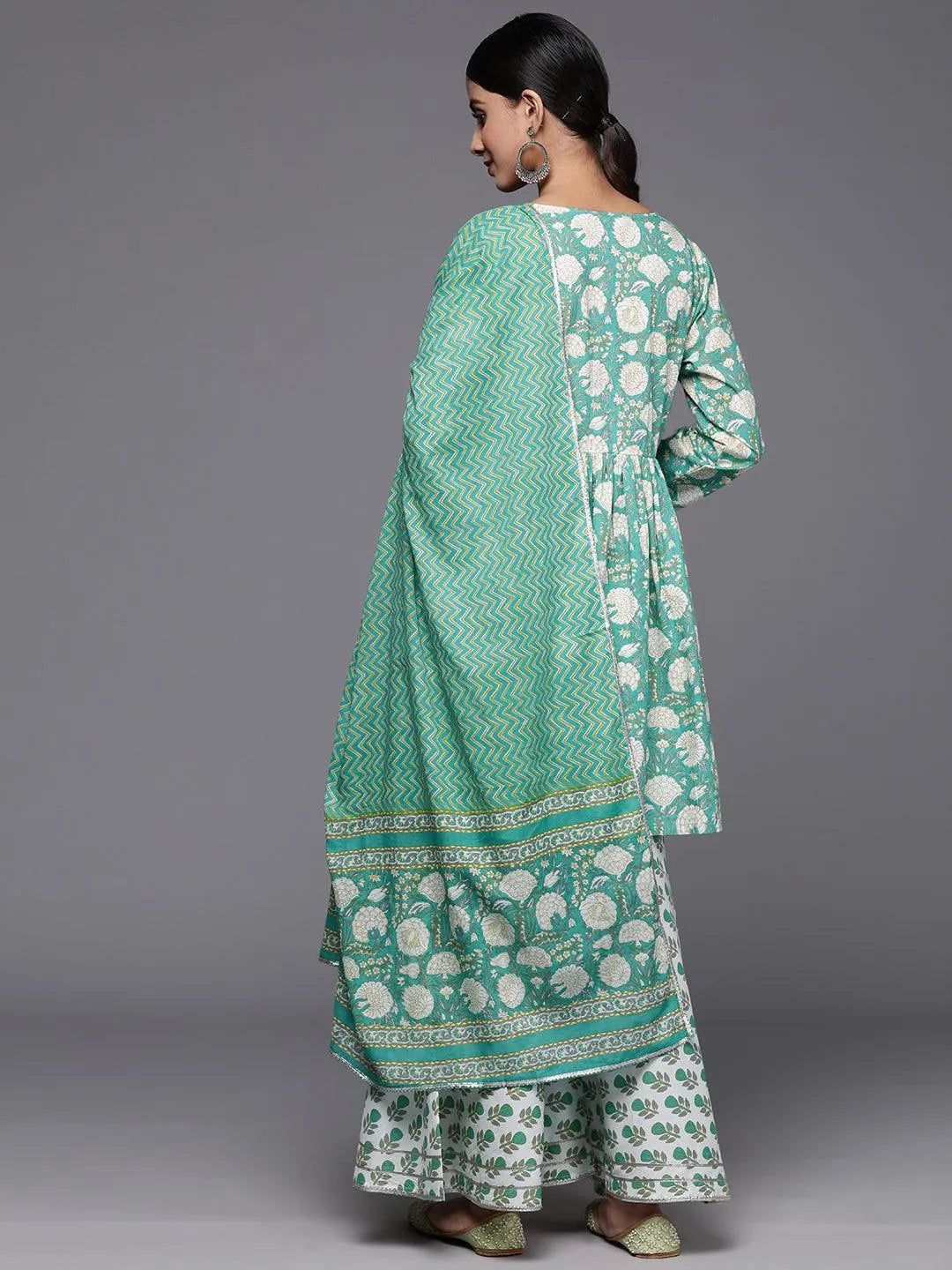 Green Printed Cotton A-Line Kurti With Sharara & Dupatta - Libas 