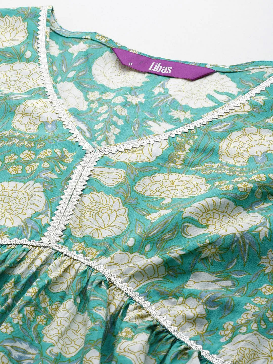 Green Printed Cotton A-Line Kurti With Sharara & Dupatta - Libas 