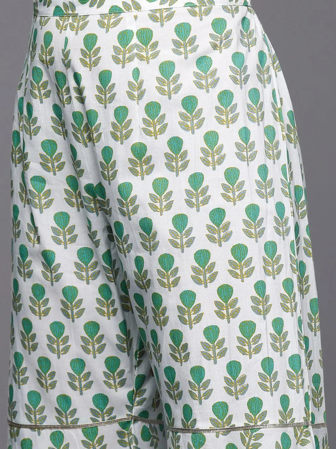 Green Printed Cotton A-Line Kurti With Sharara & Dupatta - Libas 