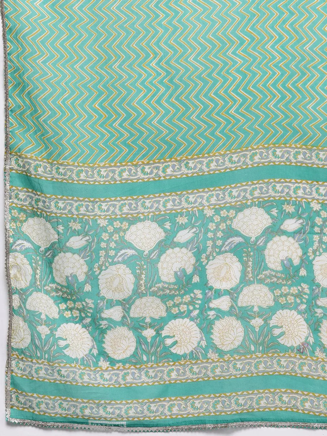 Green Printed Cotton A-Line Kurti With Sharara & Dupatta - Libas 
