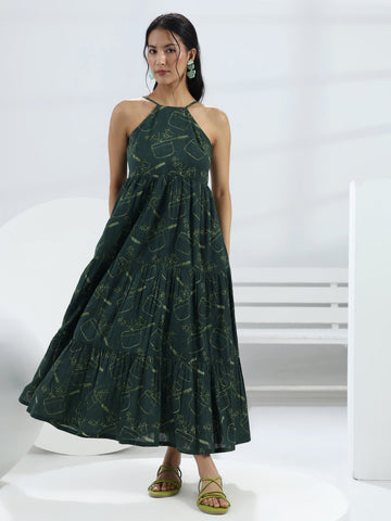 Libas Green Printed Cotton A-Line One-Piece Dress