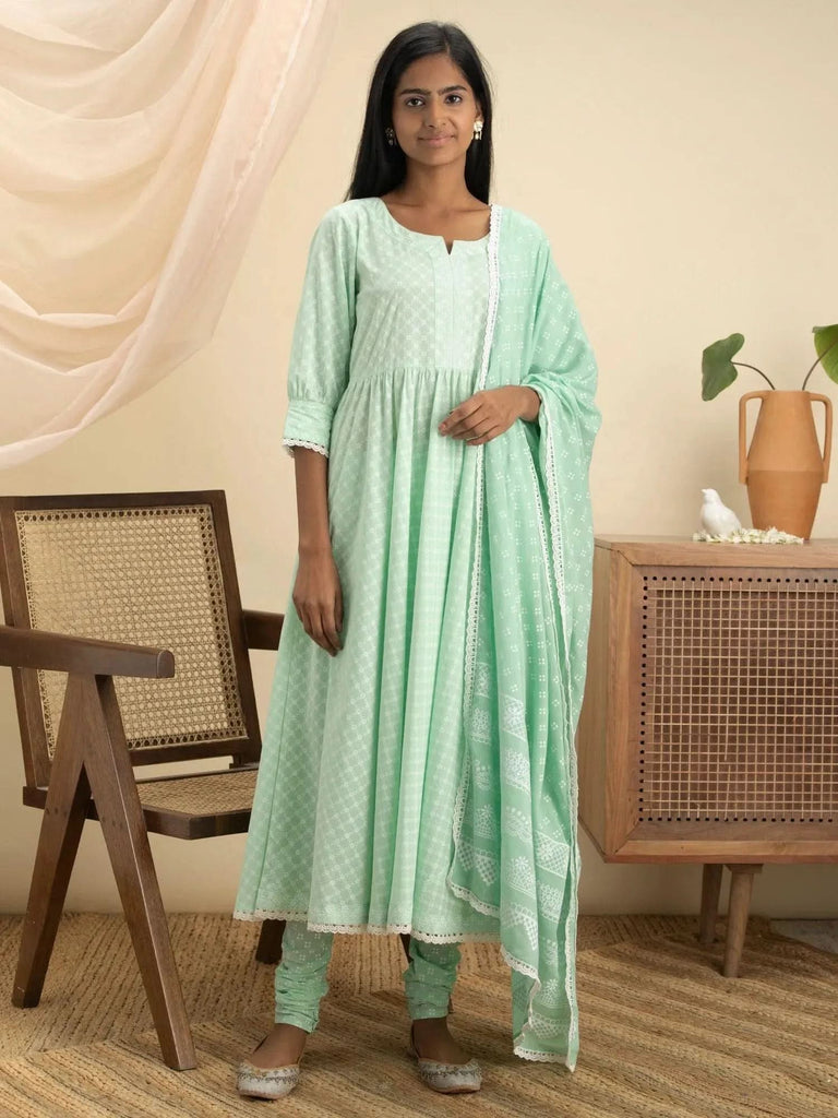 Libas Green Printed Cotton Anarkali Kurta With Churidar & Dupatta