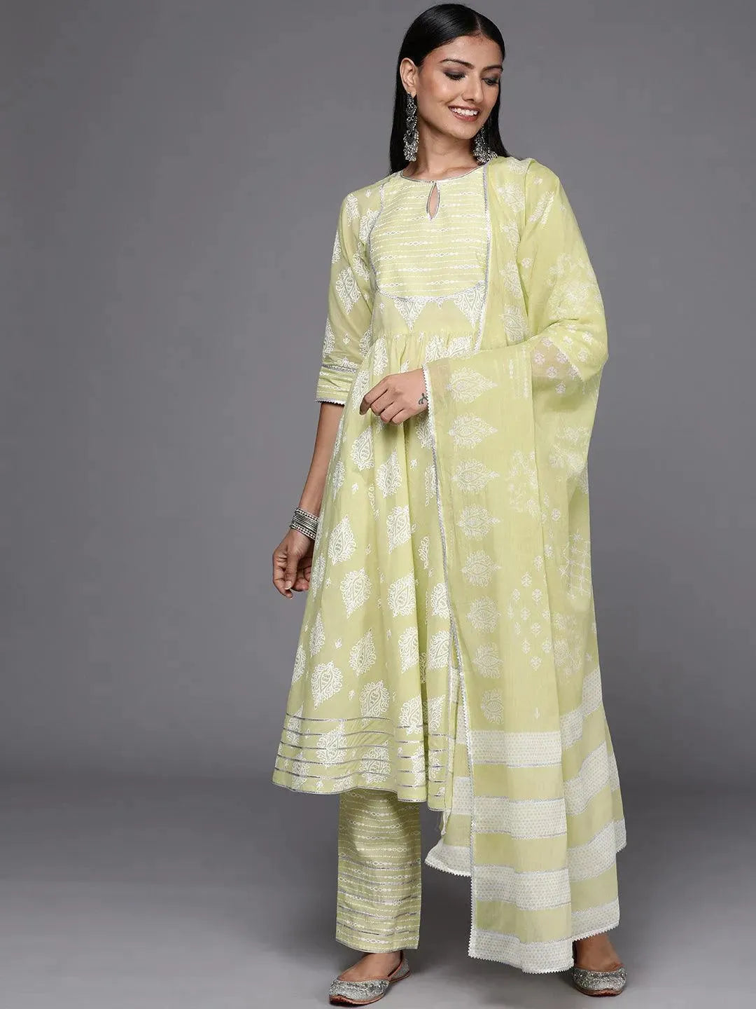 Green Printed Cotton Anarkali Suit Set - Libas