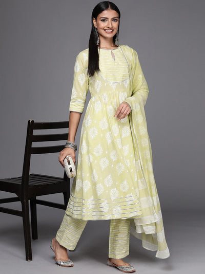 Green Printed Cotton Anarkali Suit Set - Libas