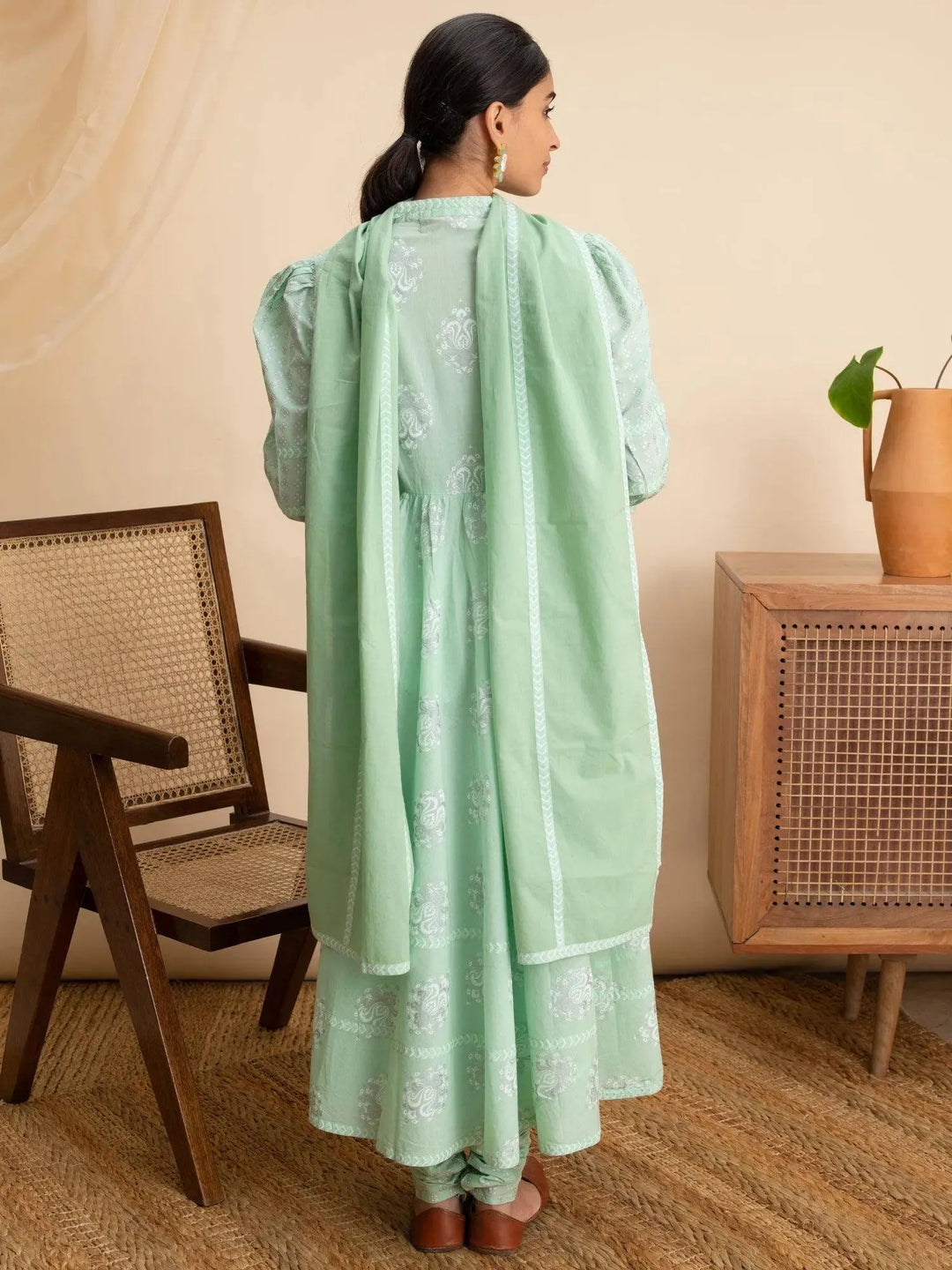 Green Printed Cotton Suit Set - Libas 