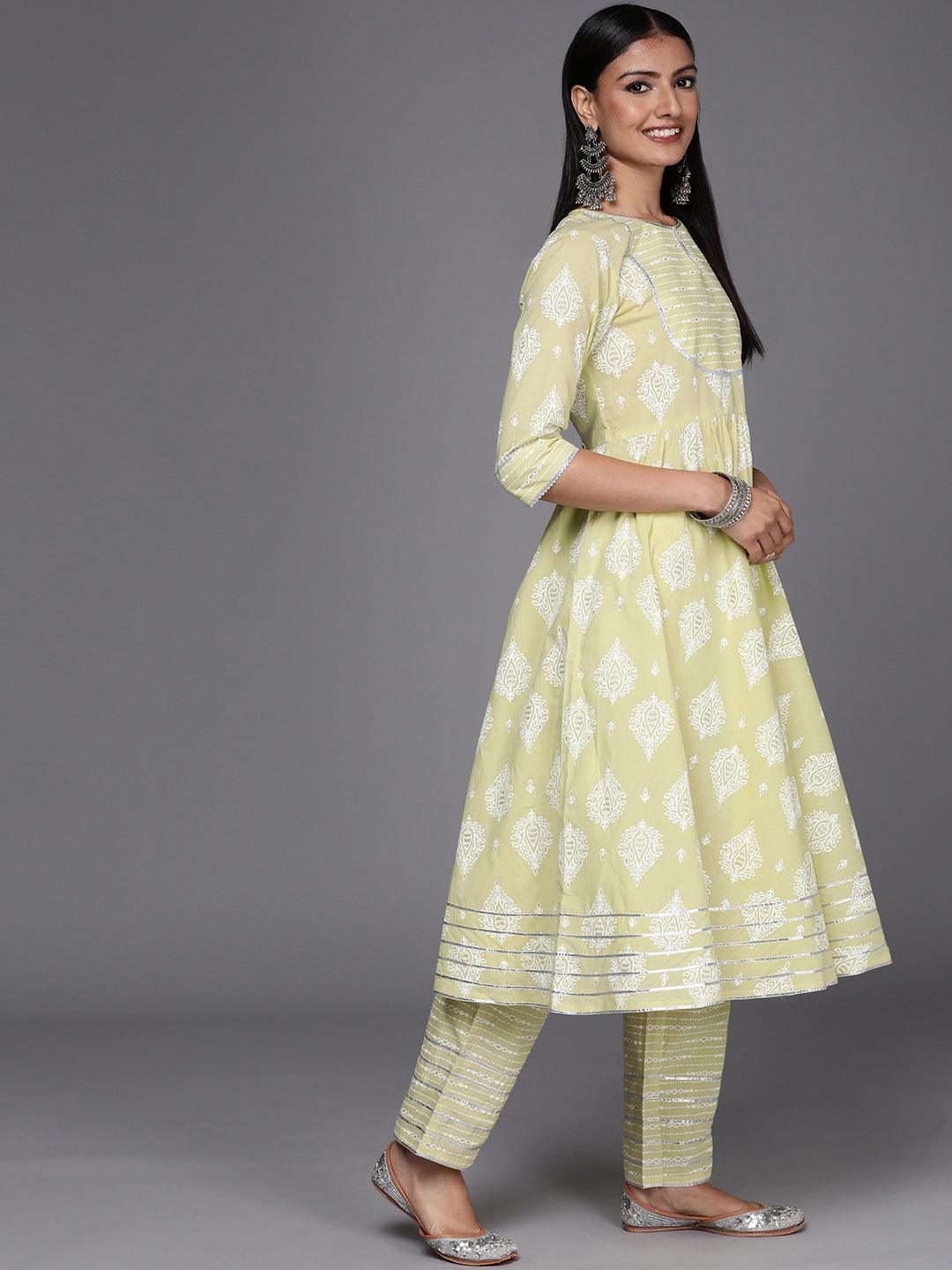Green Printed Cotton Anarkali Suit Set - Libas