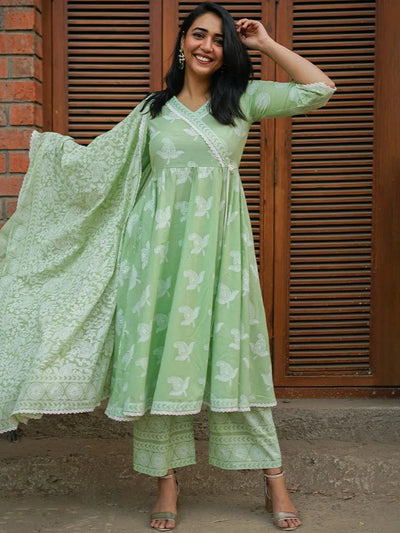 Green Printed Cotton Suit Set - Libas