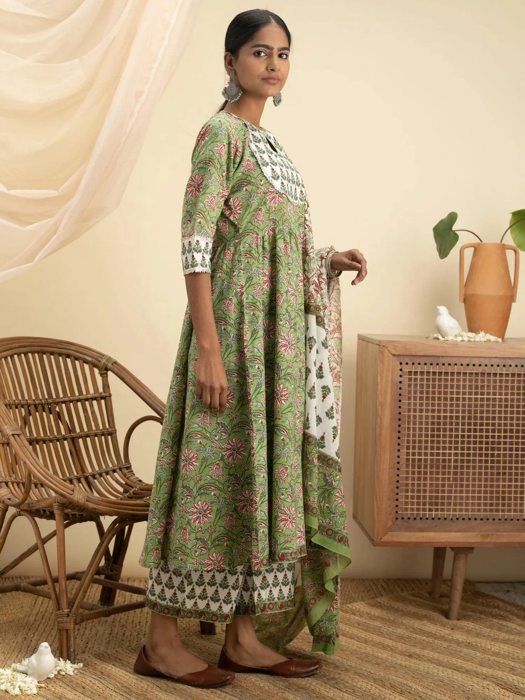 Green Printed Cotton Suit Set - Libas 