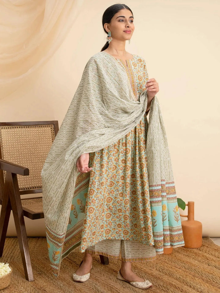 Green Printed Cotton Suit Set - Libas