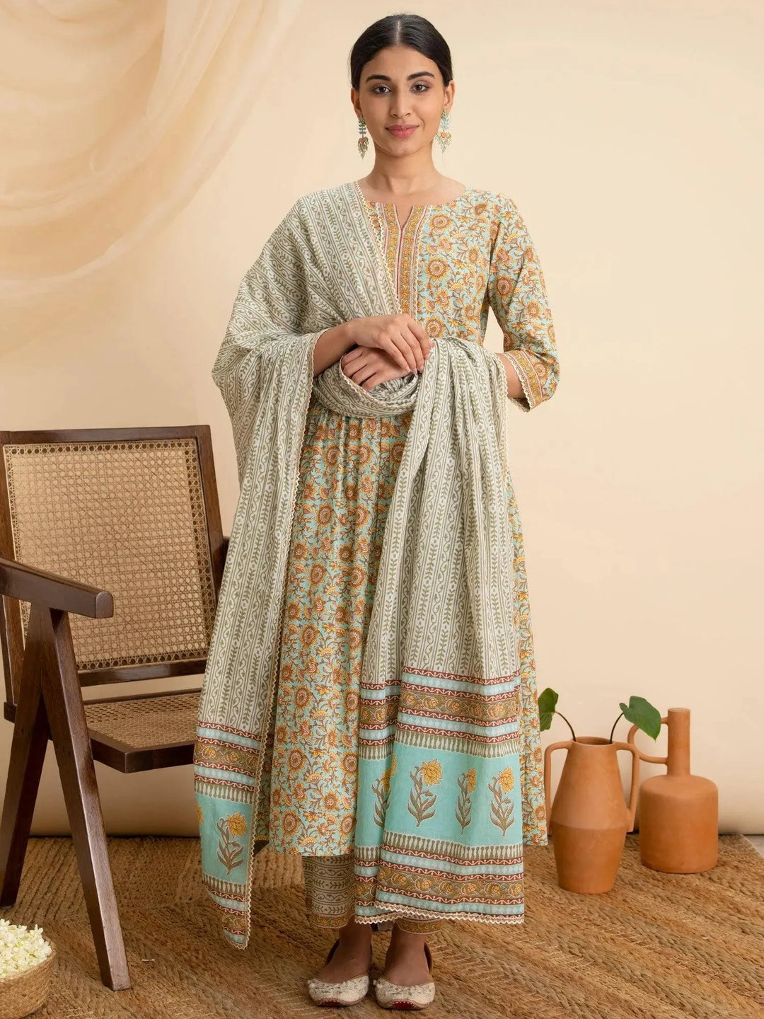 Green Printed Cotton Suit Set - Libas