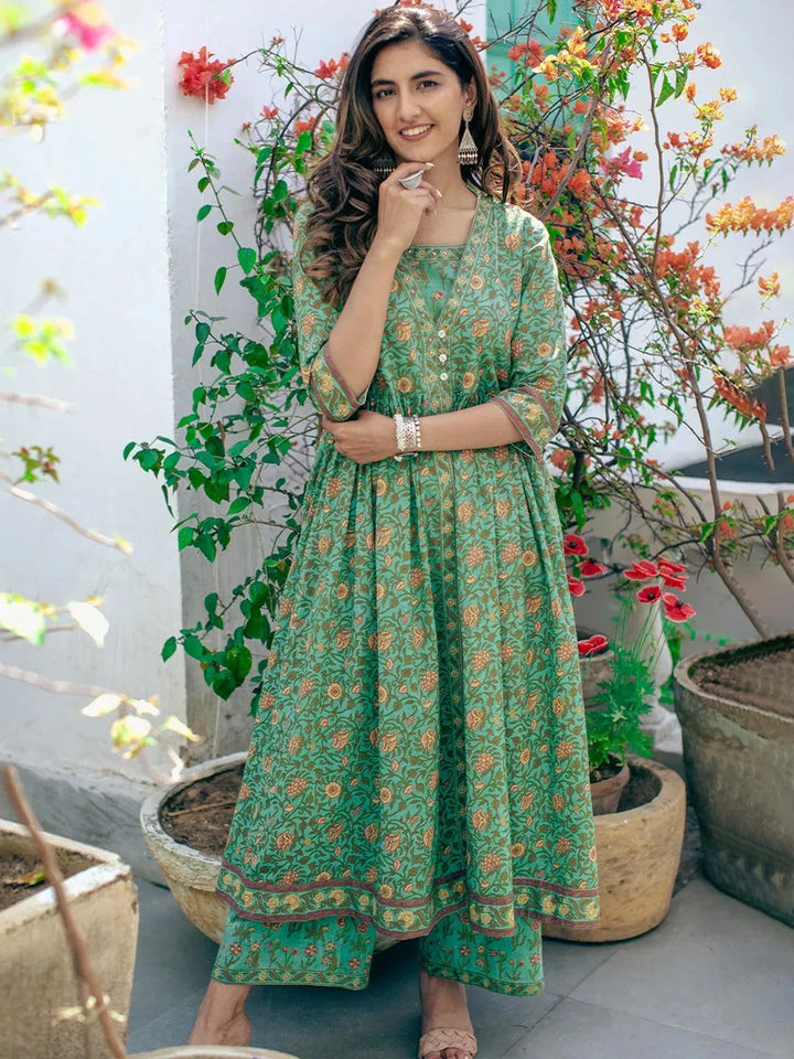 Green Printed Cotton Kurta Set - Libas