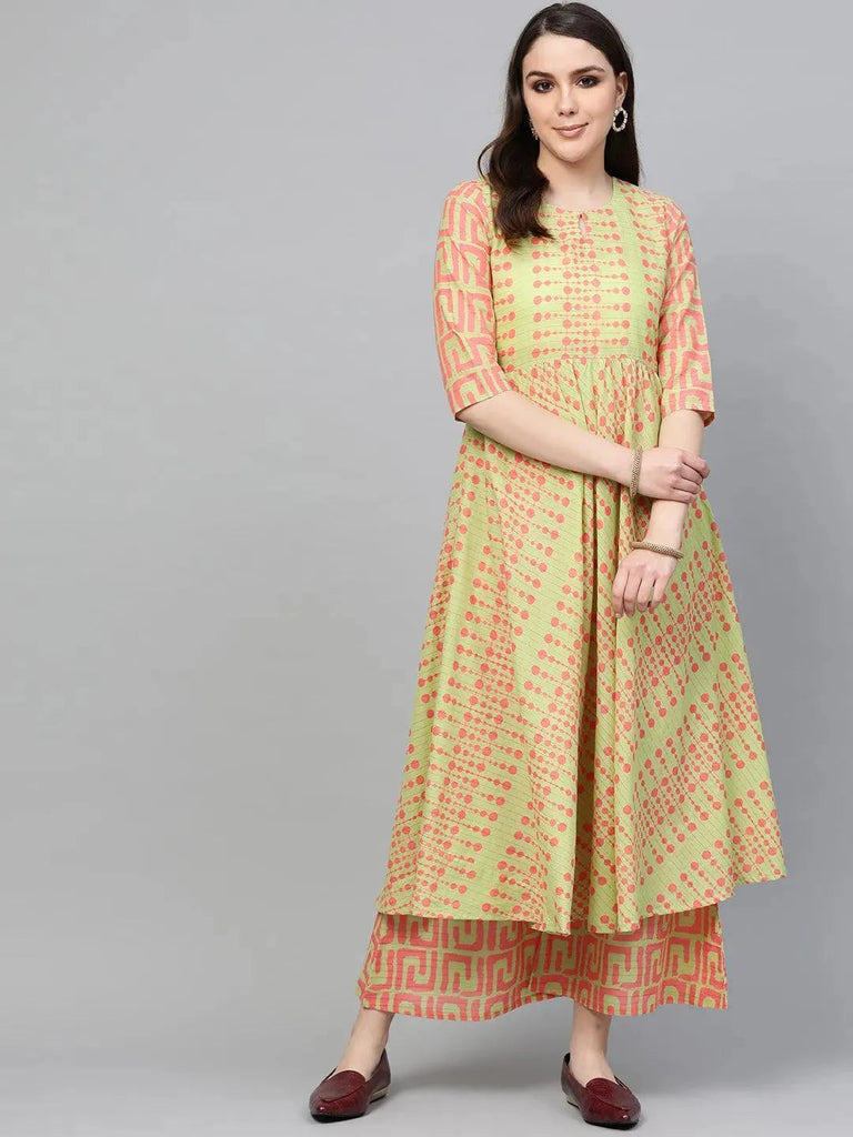 Libas Green Printed Cotton Anarkali Kurta With Palazzos