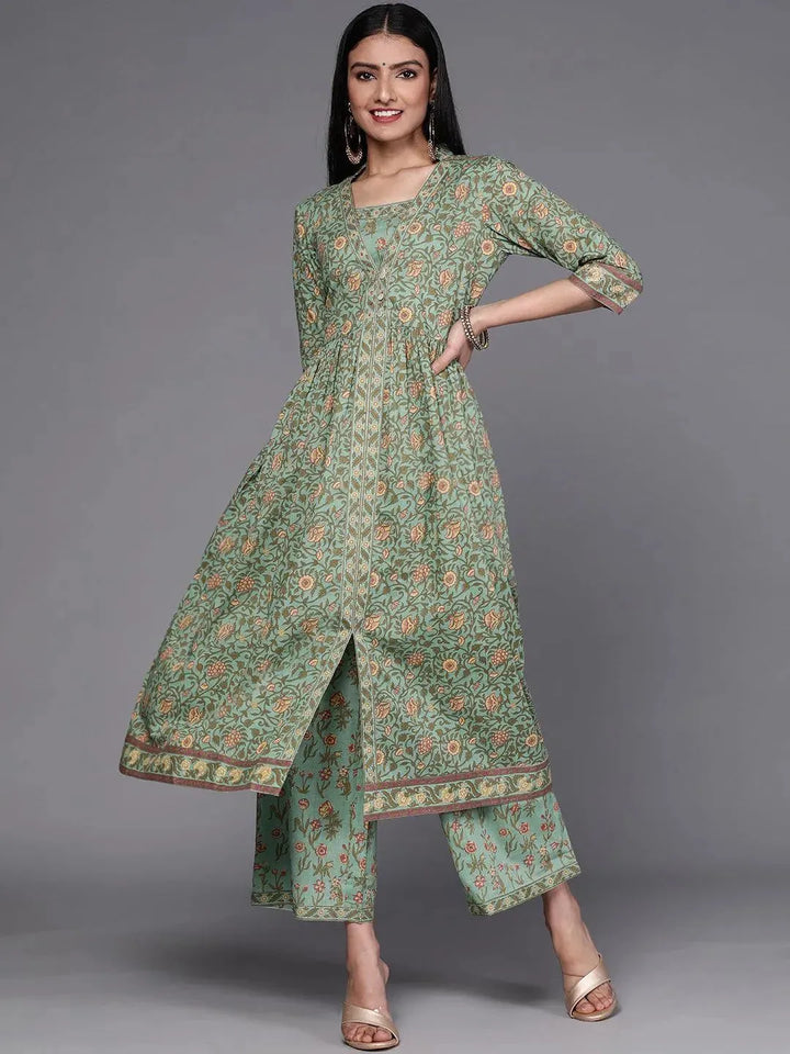 Green Printed Cotton Kurta Set - Libas