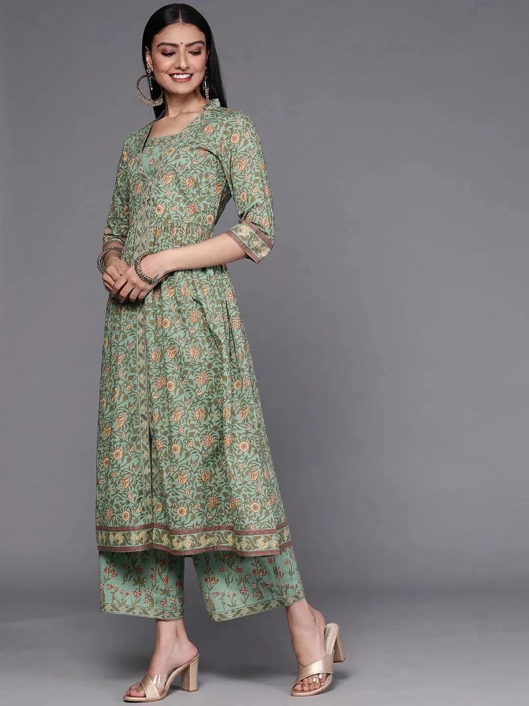 Green Printed Cotton Kurta Set - Libas