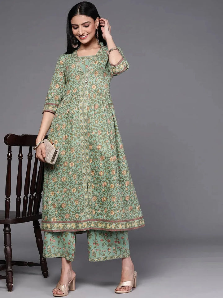 Green Printed Cotton Kurta Set - Libas