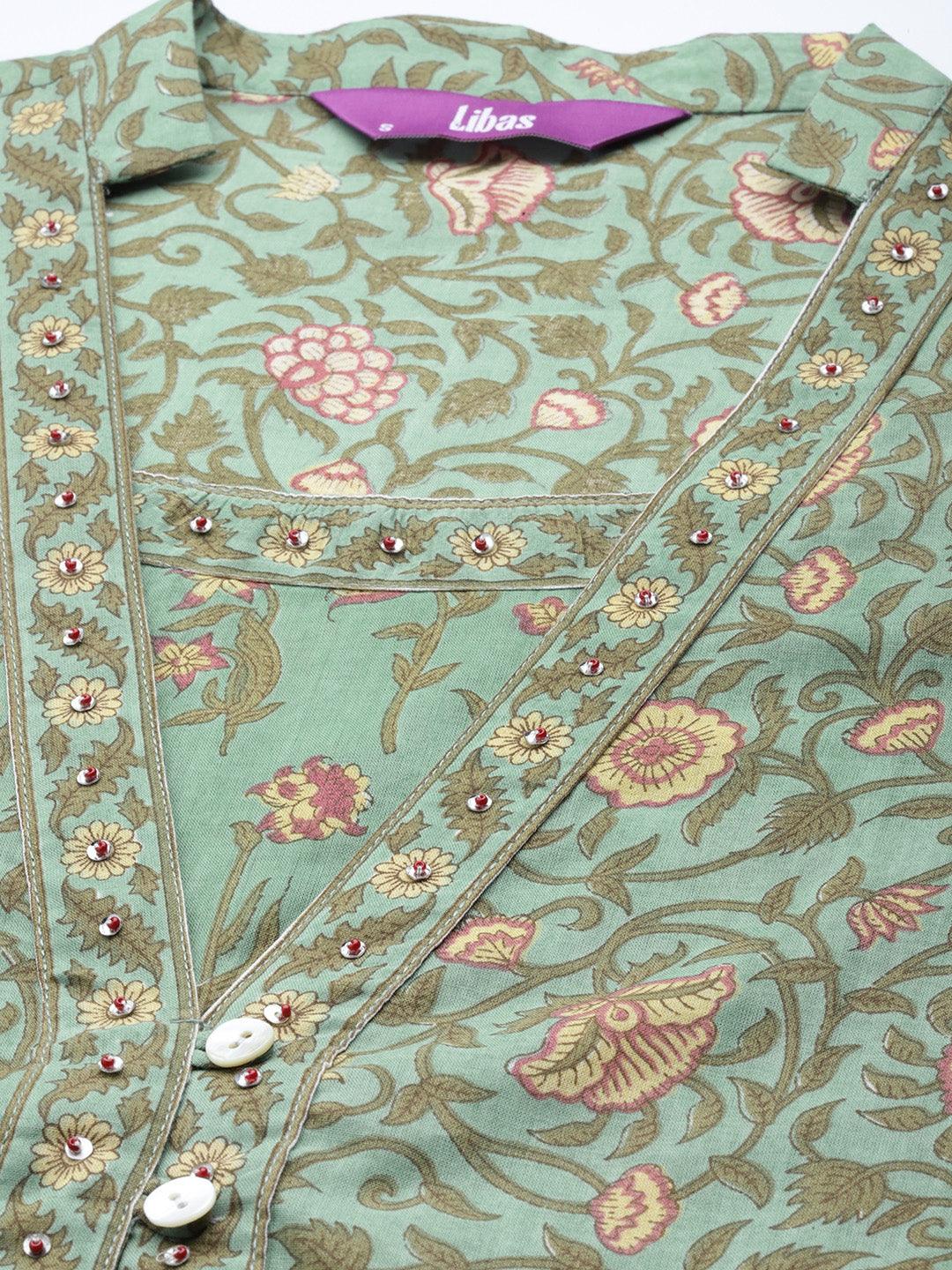 Green Printed Cotton Anarkali Kurta With Palazzos