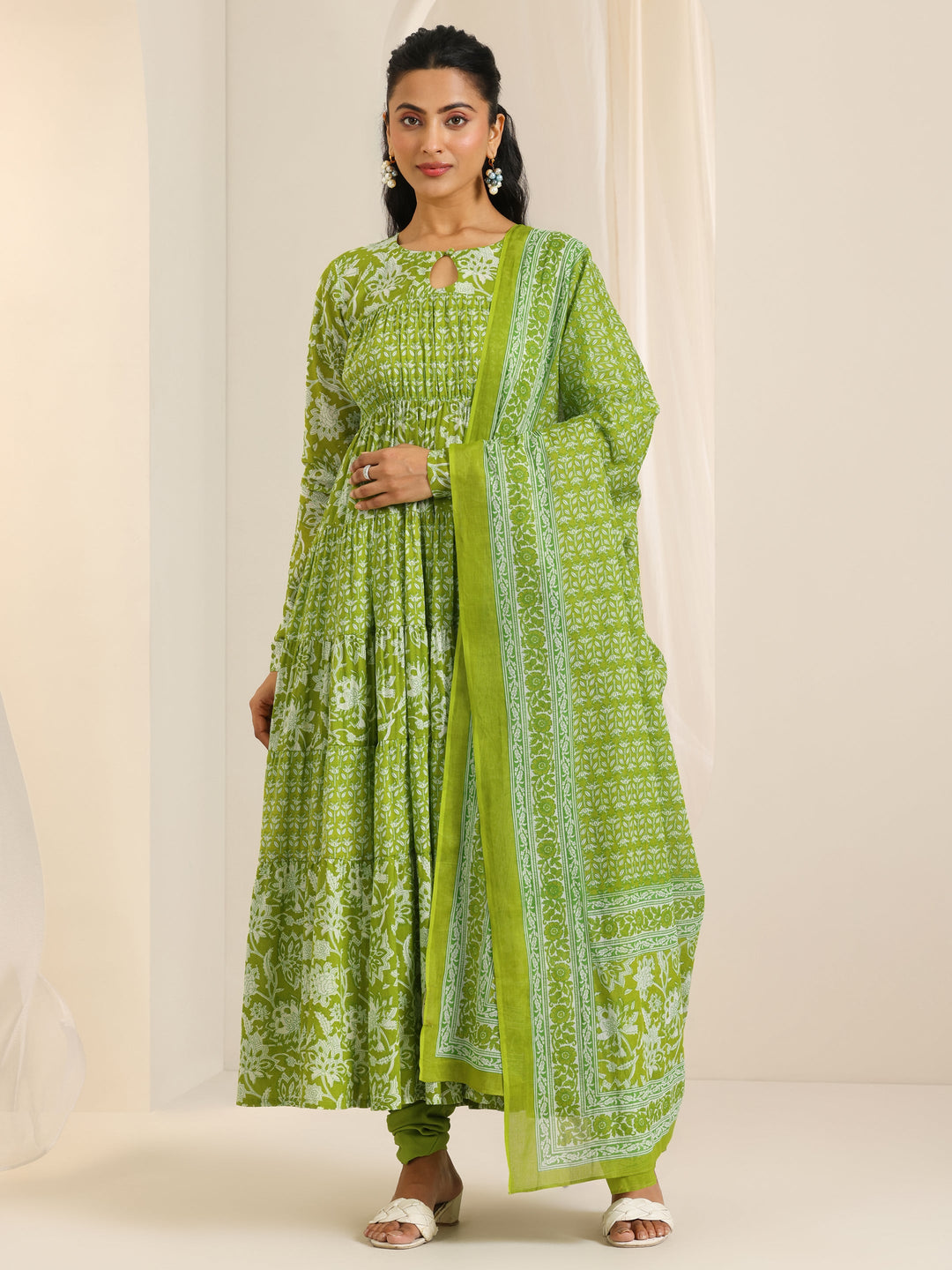  Green Printed Cotton Anarkali Suit Set With Dupatta 