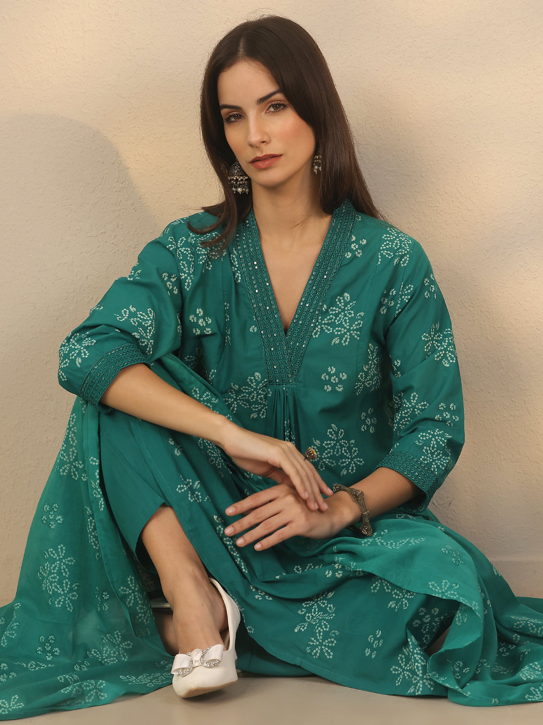 Green Printed Cotton Anarkali Suit Set With Dupatta