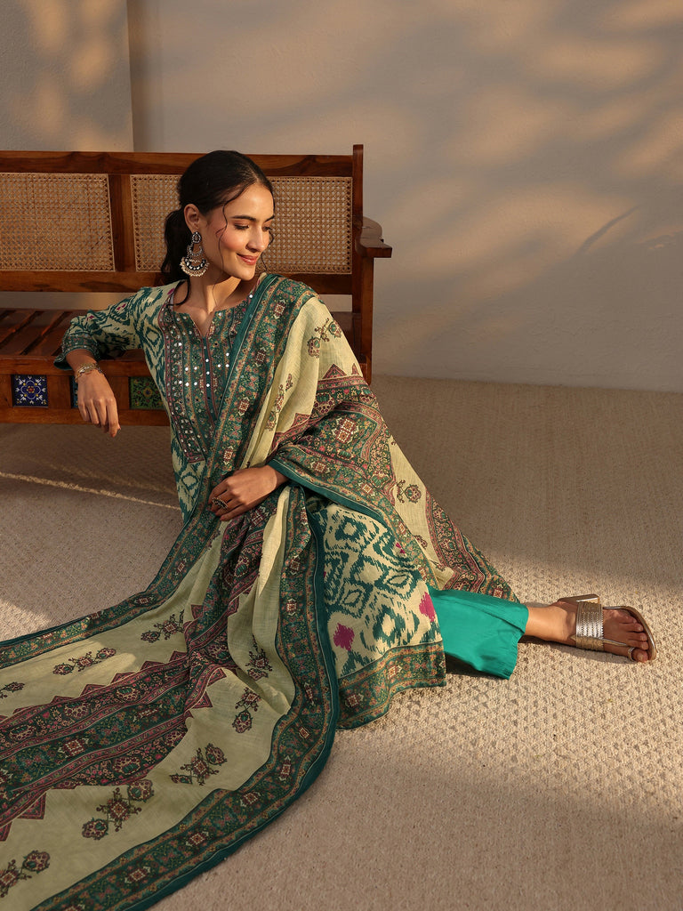 Libas Green Printed Cotton Blend Straight Suit Set With Dupatta