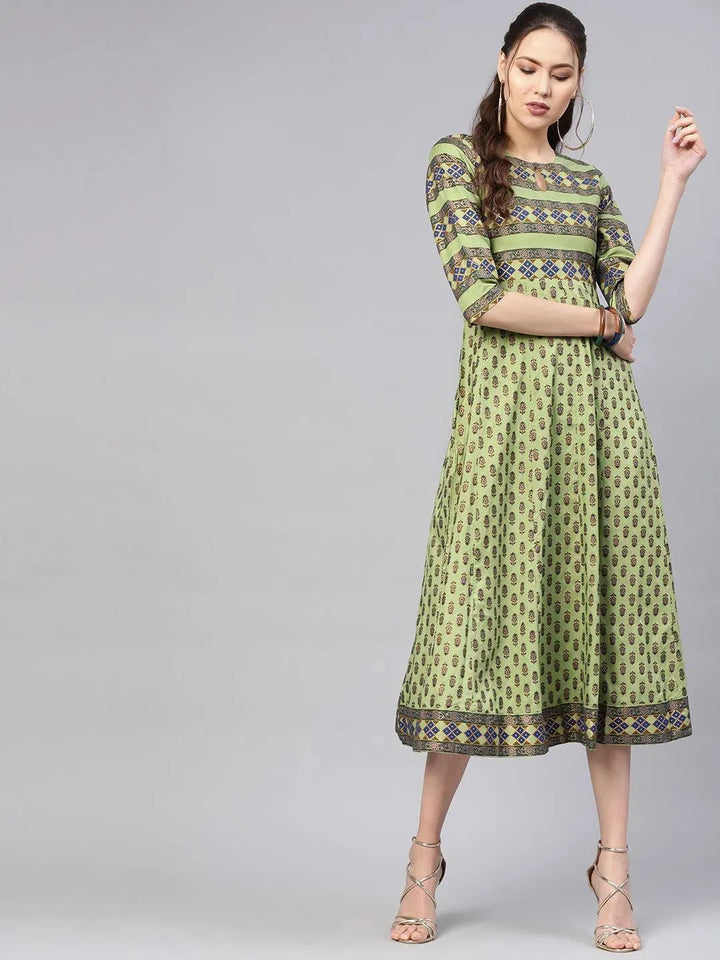 Green Printed Cotton Dress - Libas