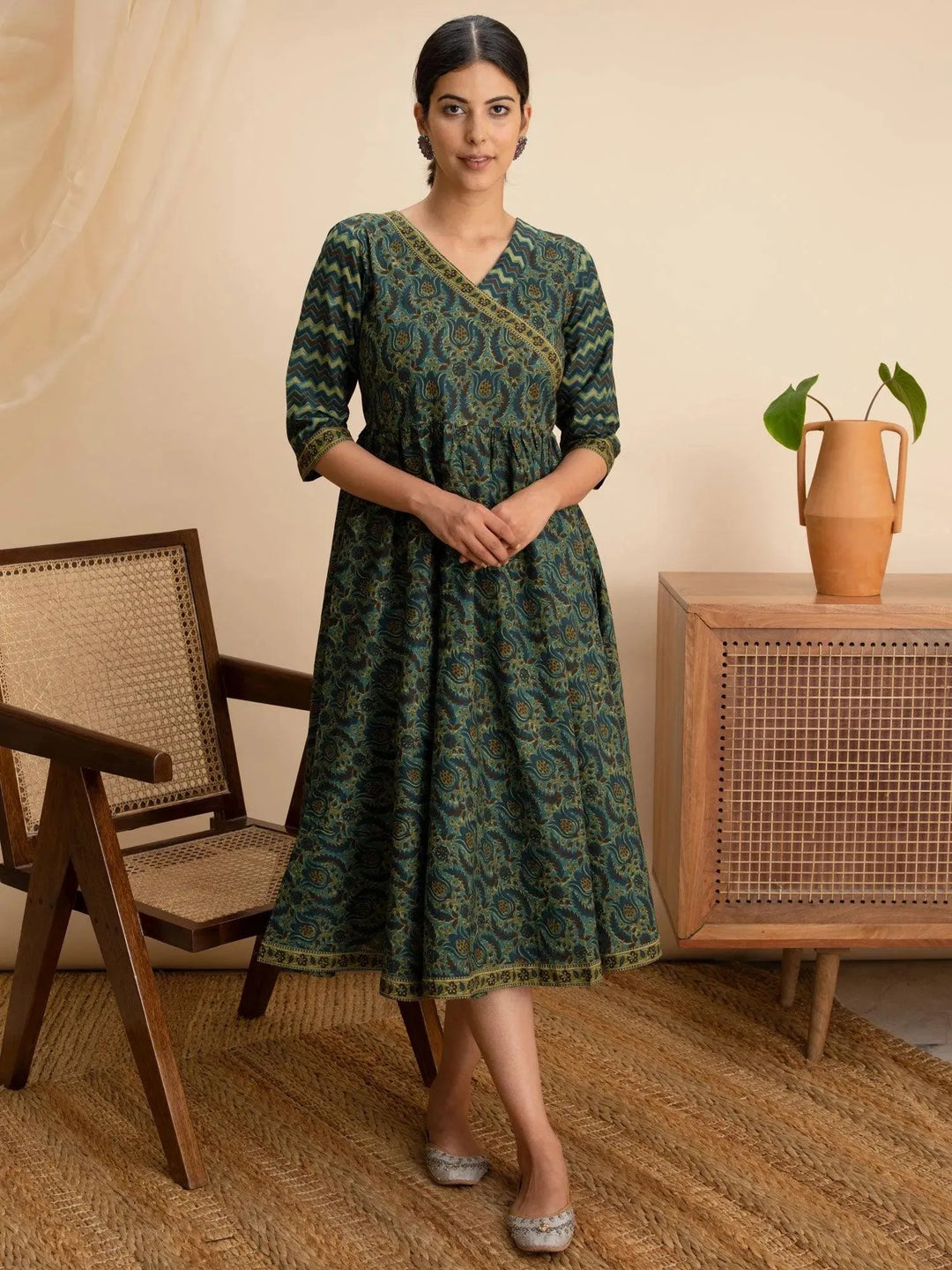 Green Printed Cotton Dress - Libas