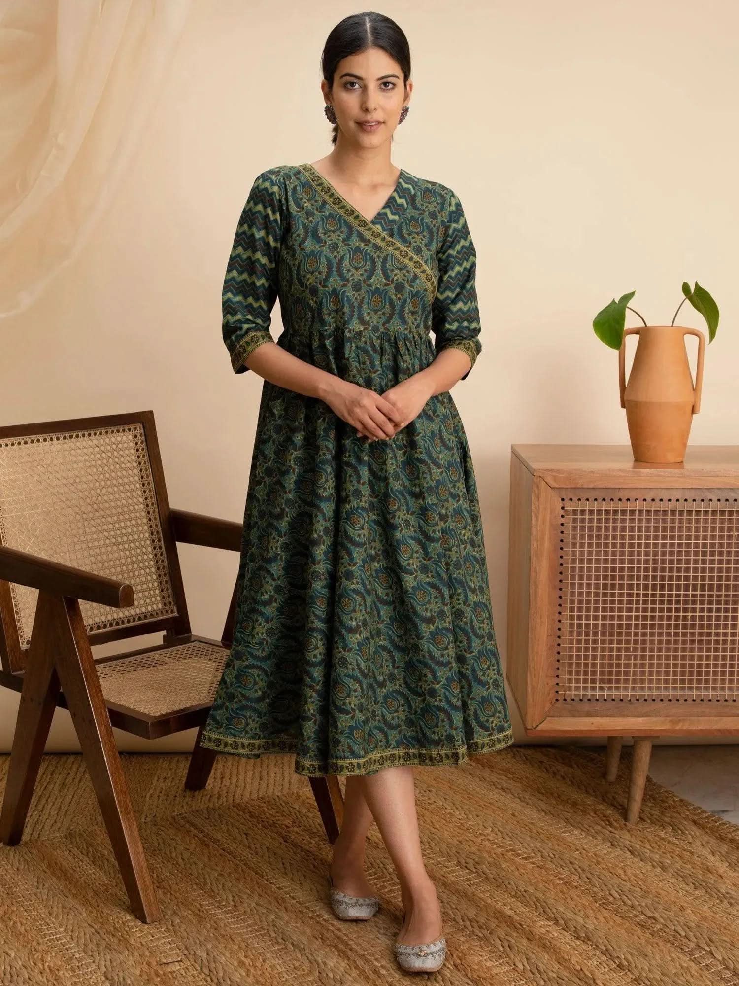 Buy Green Printed Cotton Dress - 12007O- | Libas Ethnic Wear Online