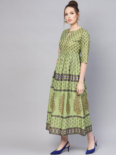 Green Printed Cotton Dress - Libas