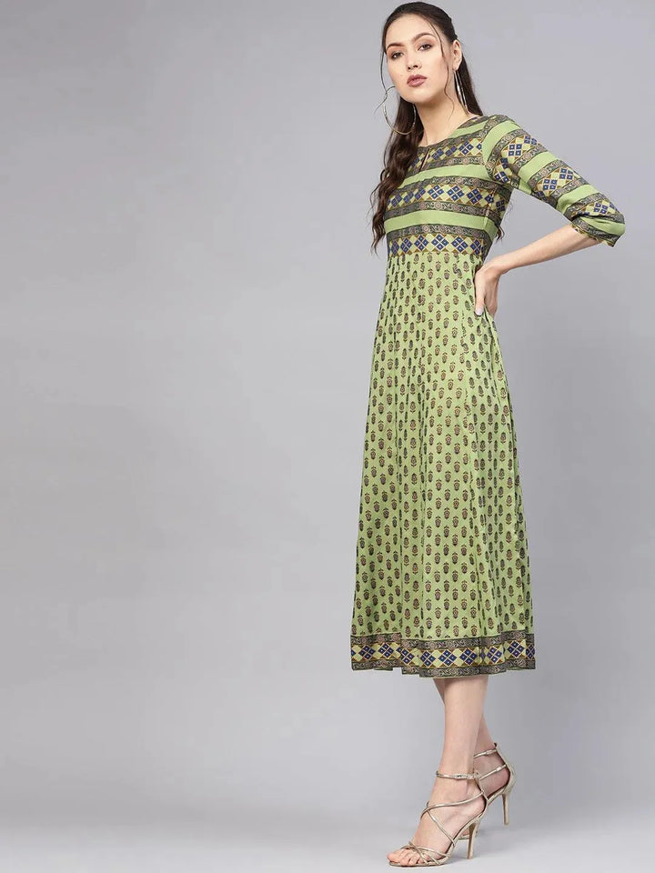Green Printed Cotton Dress - Libas