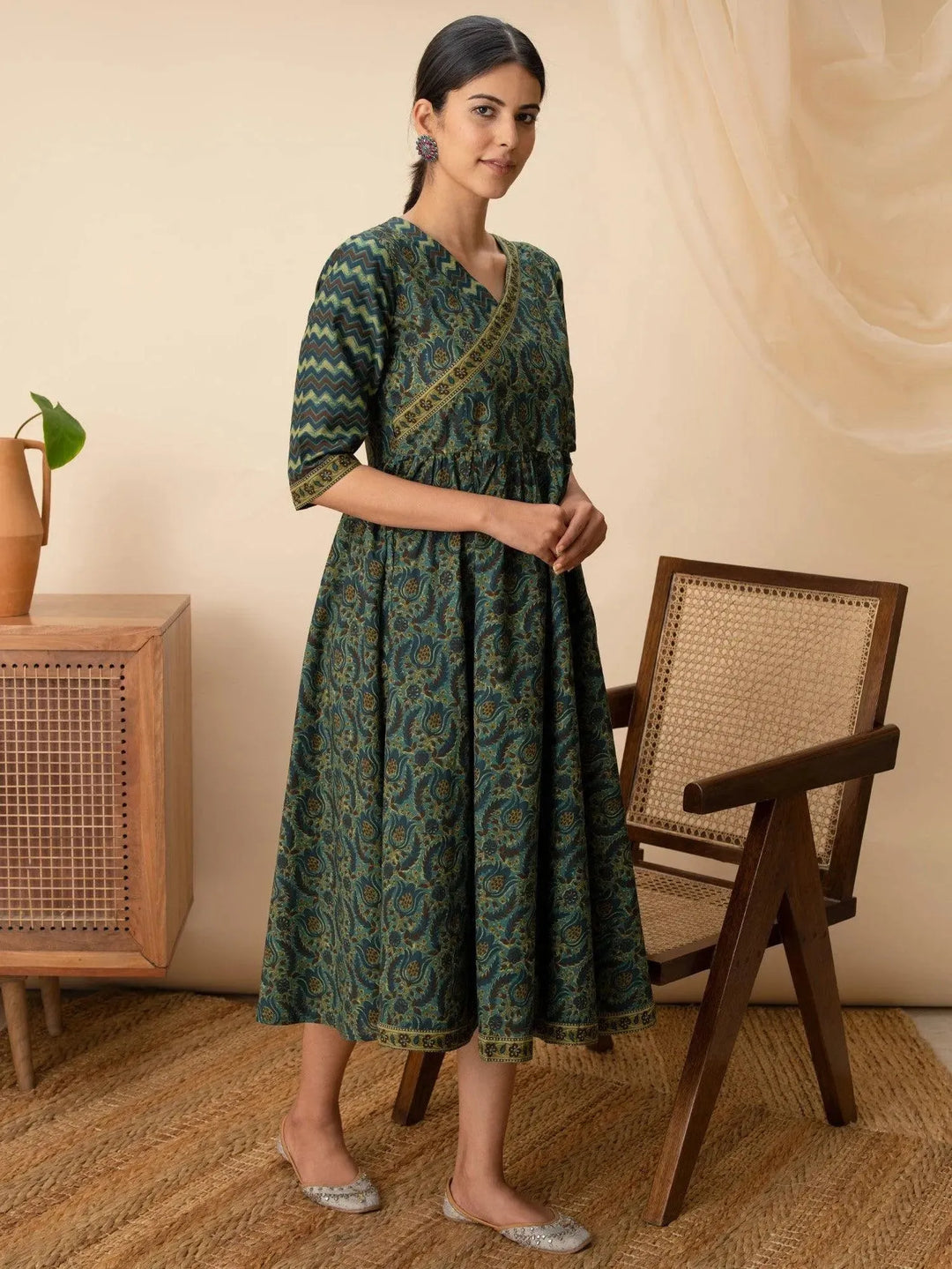Green Printed Cotton Dress - Libas 