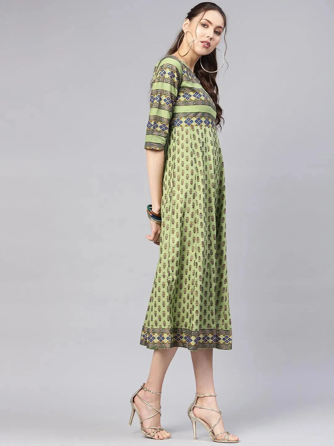 Green Printed Cotton Dress - Libas 