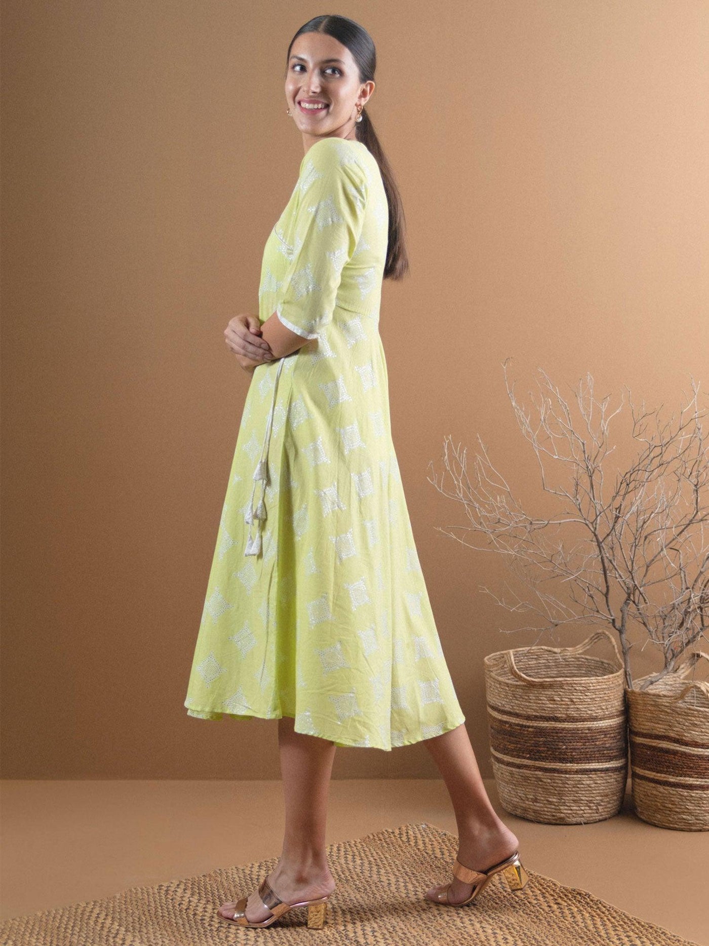 Green Printed Cotton Dress - Libas