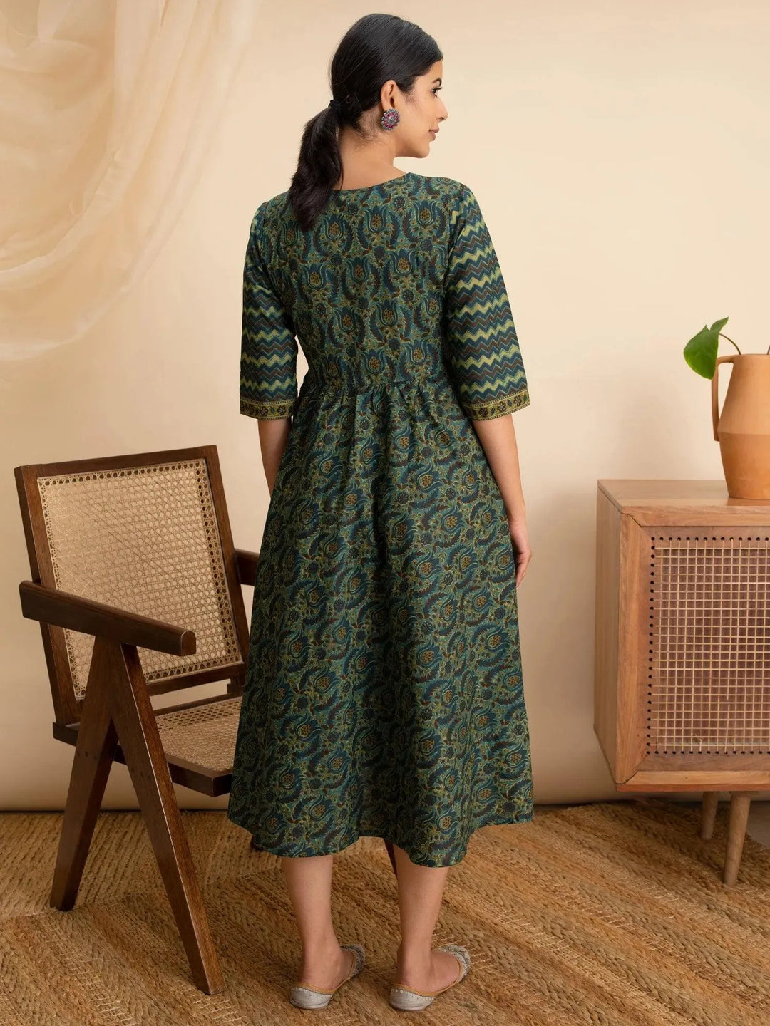 Green Printed Cotton Dress - Libas