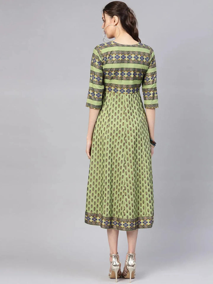 Green Printed Cotton Dress - Libas