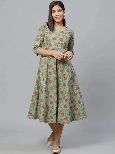 Green Printed Cotton Dress With Mask - Libas