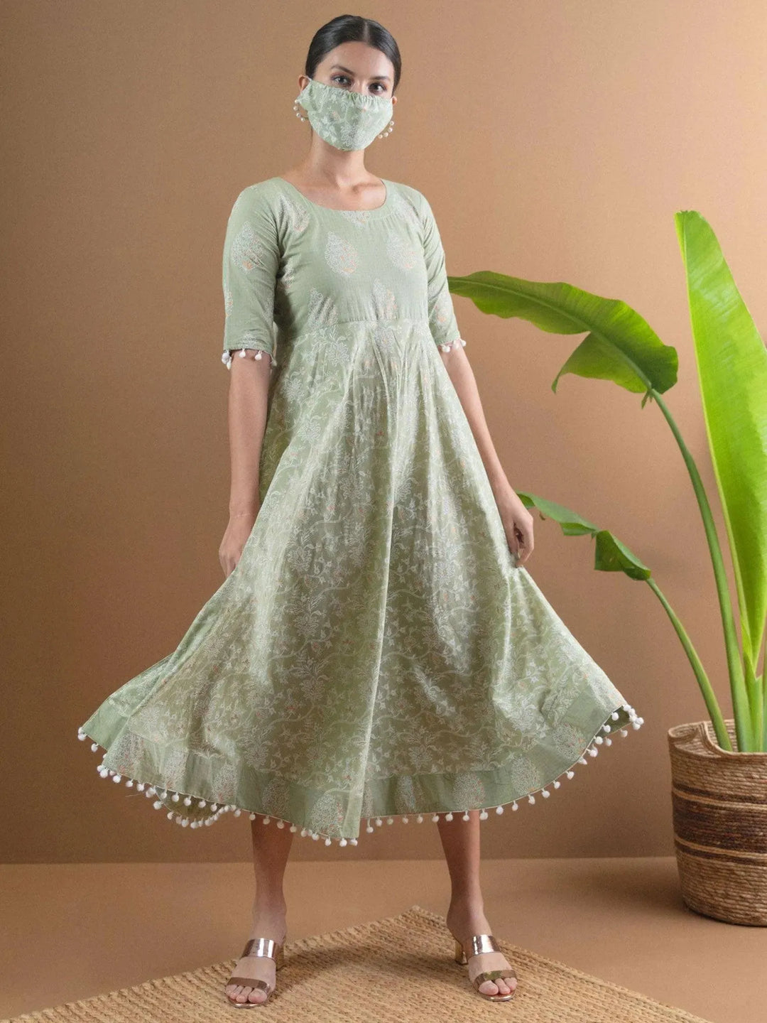 Green Printed Cotton Dress With Mask - Libas