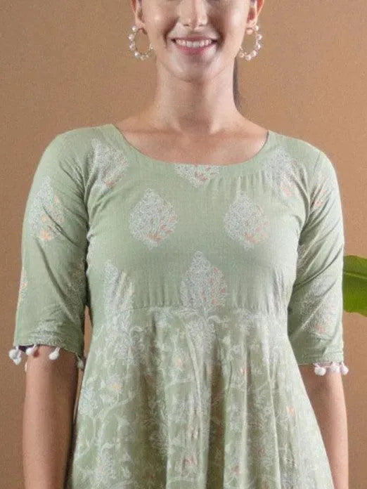 Green Printed Cotton Dress With Mask - Libas