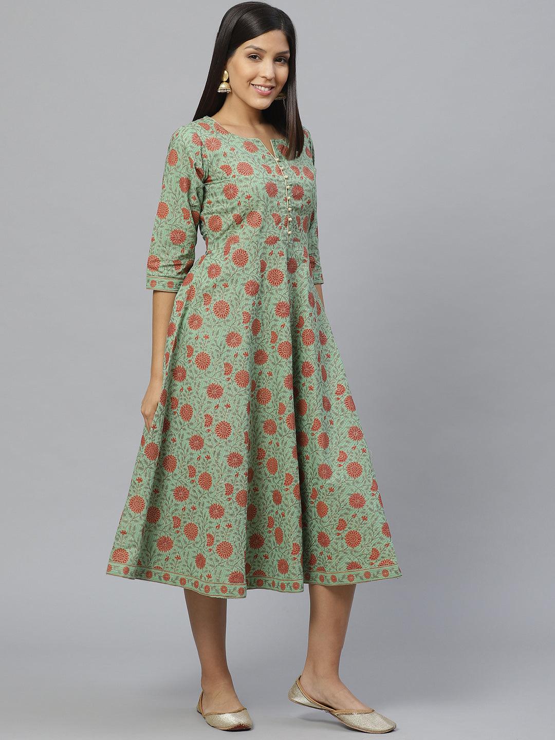 Green Printed Cotton Dress With Mask - Libas