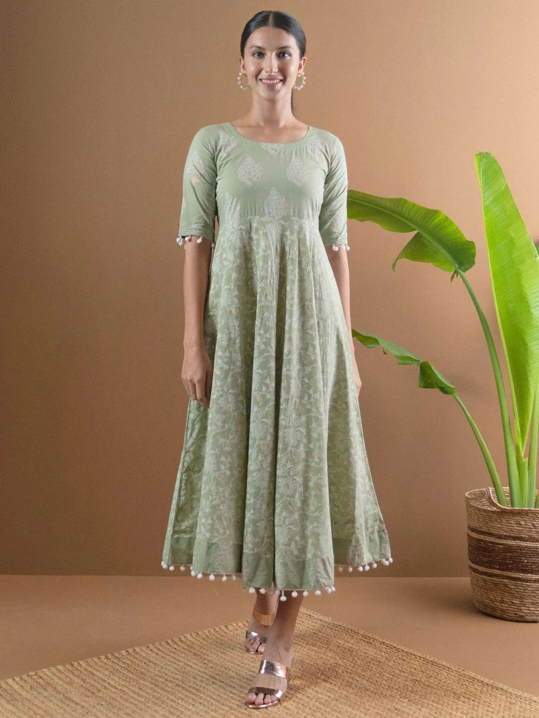 Green Printed Cotton Dress With Mask - Libas