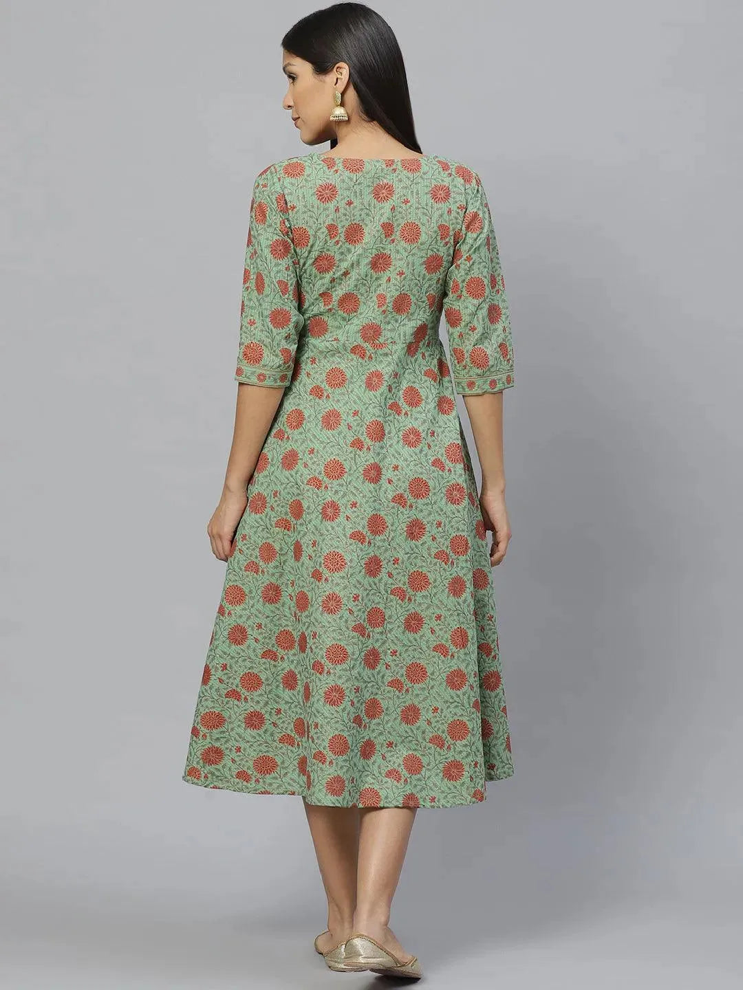 Green Printed Cotton Dress With Mask - Libas 