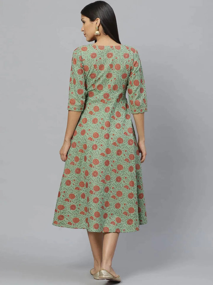 Green Printed Cotton Dress With Mask - Libas
