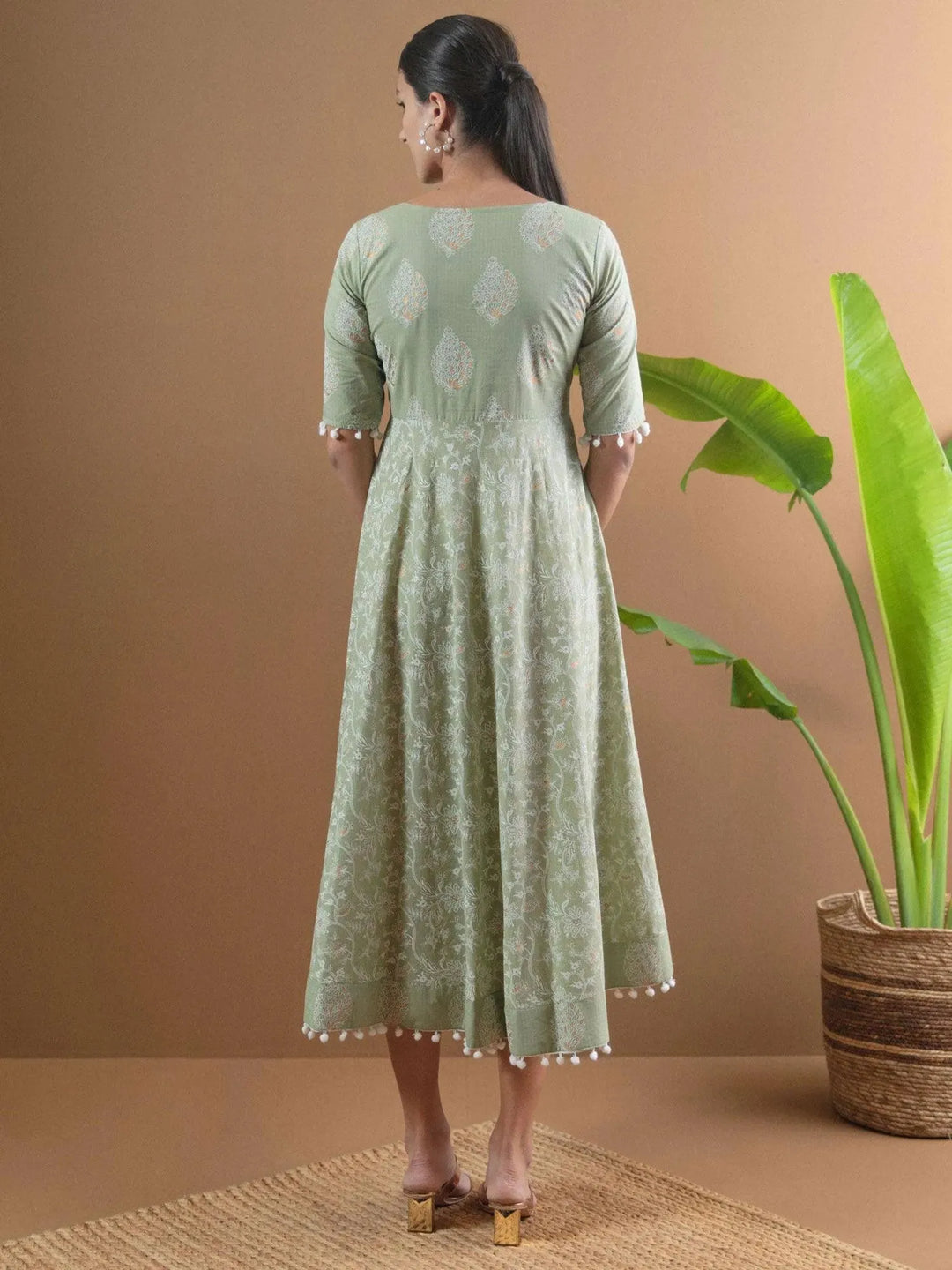 Green Printed Cotton Dress With Mask - Libas