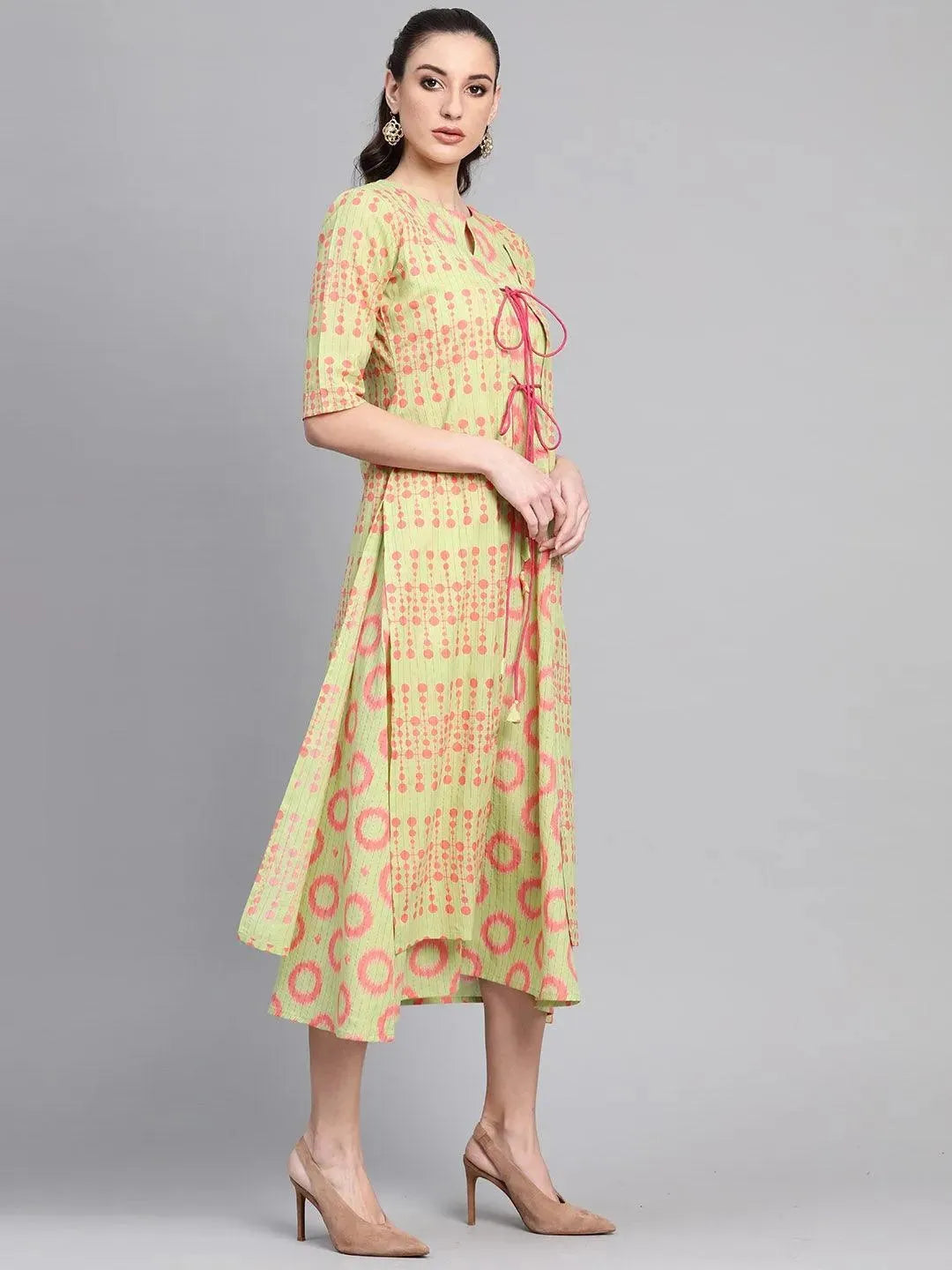 Green Printed Cotton Dress With Shrug - Libas