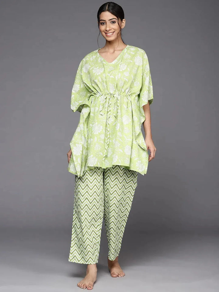 Green Printed Cotton Night Suit - Libas